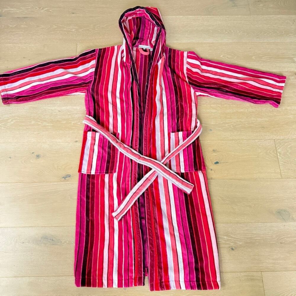 Bown of London Pink Burgundy Berry Striped Hooded Cotton Velour Robe Sz S